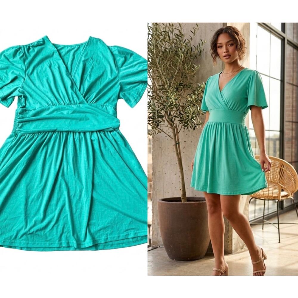 Vibrant Green Smocked Waist Flutter Sleeve Mini Dress - Size XL